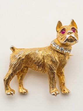 Nemo Boxer Dog Brooch Gold Tone Red Crystal Eyes White Collar Figural Pin Vtg